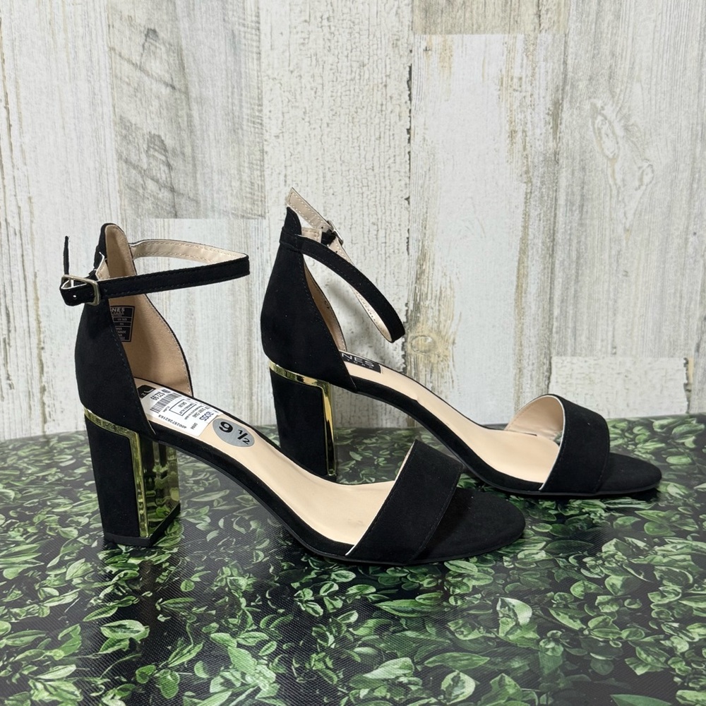 Jones New York Black Suede Heels with Ankle Strap with Gold Trim